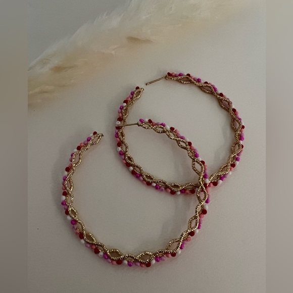 Large Pink & Gold Hoops - Oversized Gold Hoops- Trendy Boho Chic Earrings - Picture 13 of 14